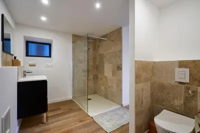 a bathroom with a shower and a toilet and a sink at Le rempart Scandinave - Triplex au pied de la Cité in Carcassonne