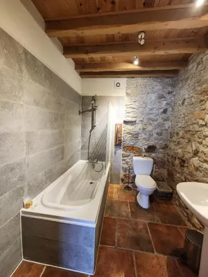 a bathroom with a sink and a toilet and a tub at Le Clos Sainte Marie - Lampy in Cenne-Monestiès