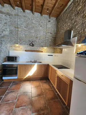 a kitchen with a stove and a sink in it at Le Clos Sainte Marie - Caune in Cenne-Monestiès