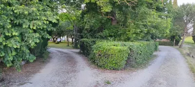 a dirt road in a park with a hedge at Les jardins du Canal in Sainte-Eulalie