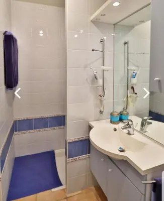 a bathroom with a sink and a shower with a mirror at Gîte des Vignerons in Salles-d'Aude