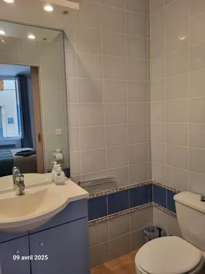 a bathroom with a toilet and a sink and a mirror at Gîte des Vignerons in Salles-d'Aude