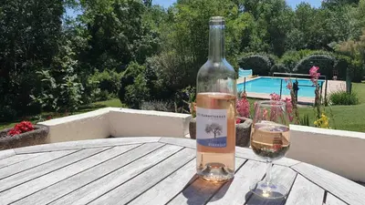 a bottle of wine and two glasses on a table at Le Clos sainte Marie - Crouzette in Cenne-Monestiès