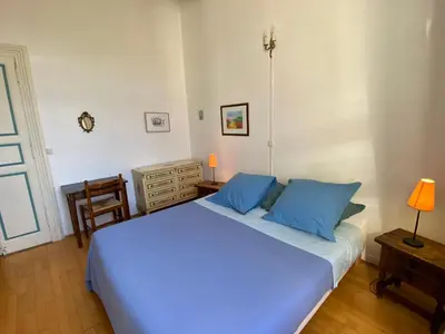 a bedroom with a large white bed with blue pillows at Maison d'hôtes La Giraudasse in Soulatgé