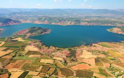 an aerial view of a lake in the countryside at 2 Bedroom Nice Home In Saint-Laurent-De-La-Ca in Saint-Laurent-de-la-Cabrerisse