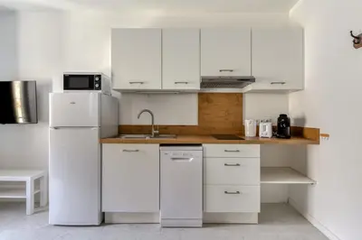 a white kitchen with a sink and a refrigerator at Le Cyperus Appartement avec Terrasse et Wifi in Peyriac-de-Mer