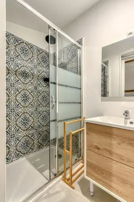 a bathroom with a shower and a sink at L'Euphorbe Terrasse Wifi in Peyriac-de-Mer