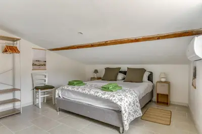 a bedroom with a large bed in a room at L'Euphorbe Terrasse Wifi in Peyriac-de-Mer