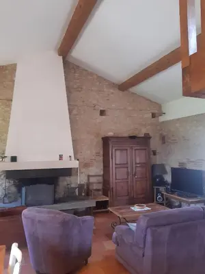 a living room with a couch and a fireplace at Le Pigeonnier au dessus du lac in Caraman