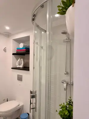 a bathroom with a shower and a toilet at Charmante maison de village in Peyriac-de-Mer