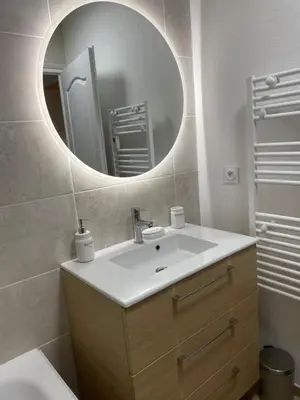a bathroom with a sink and a mirror at Appartement Carcassonne résidence capucins in Carcassonne