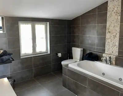 a bathroom with a tub and a toilet and a window at Domaine du Léou in Fiac