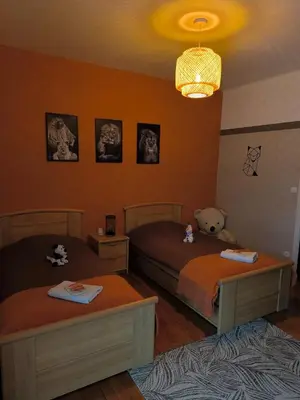 two beds in a room with orange walls at Le lorrain in Saint-Pons-de-Thomières