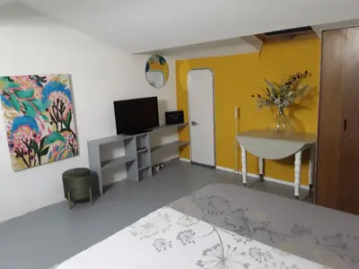 a living room with a television and a table at Grand studio au milieu des vignes in Moussan