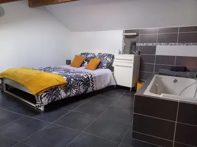 a bedroom with a bed and a bath tub at T3 Terrasse vue Cathédrale Climatisé in Narbonne