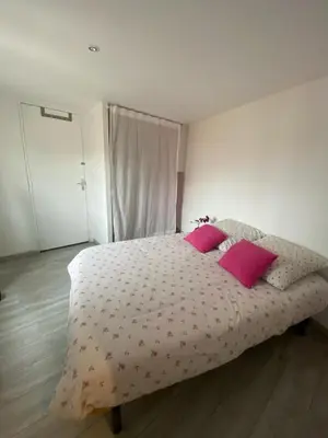 a bedroom with a large bed with pink pillows at T3 Terrasse vue Cathédrale Climatisé in Narbonne