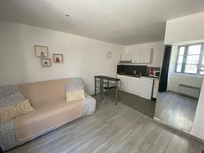 a living room with a couch and a kitchen at Studio Cosy Climatisé Centre Ville faites tout à Pied in Narbonne