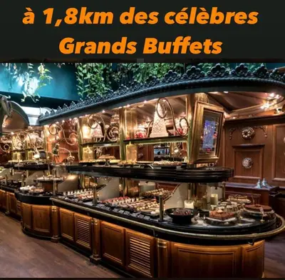 a restaurant with a buffet of food on display at Studio Cosy Climatisé Centre Ville faites tout à Pied in Narbonne