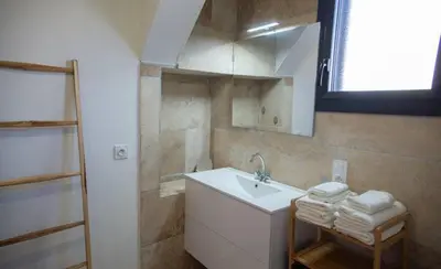 a bathroom with a sink and a shower with towels at L'Onde des berges de l'Aude in Carcassonne