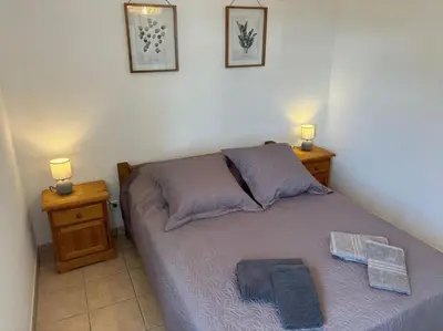 a bedroom with a bed with two night stands and two lamps at L'Escapade Cathare - Résidence Terrasse & parking in Carcassonne