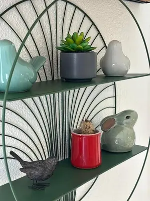 a shelf with vases and a bird and a plant at L'Escapade Cathare - Résidence Terrasse & parking in Carcassonne
