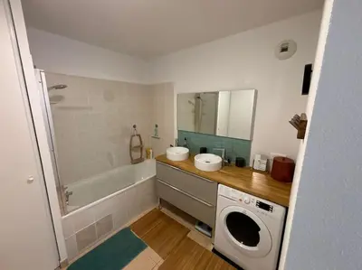 a bathroom with a sink and a washing machine at L'Escapade Cathare - Résidence Terrasse & parking in Carcassonne