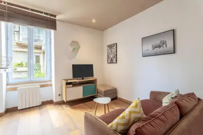 a living room with a couch and a tv at Hypercentre - Proche Parking Gratuit - Fibre - Calme in Narbonne
