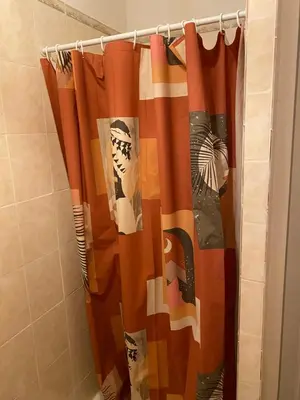 a shower curtain in a bathroom with orange at Casa Bohème in Saint-Jean-de-Barrou