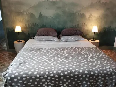 a bedroom with a large bed with two lamps at La 21 avenue des Corbières in Durban-Corbières