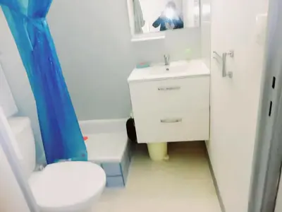 a bathroom with a toilet and a sink and a mirror at Mimi in Port-la-Nouvelle