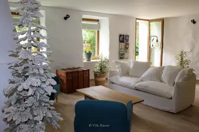 a living room with a christmas tree and a couch at Villa Kiener in Villeneuve-la-Comptal