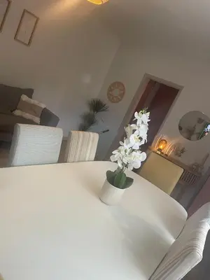 a white table with a vase of flowers on it at Evasion en Occitanie in Mailhac