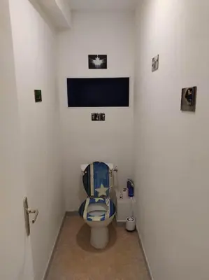 a bathroom with a toilet in a white room at Charmante maison de village cessenon sur Orb in Cessenon