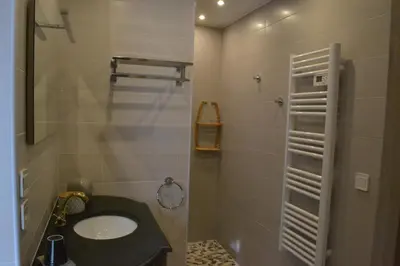a small bathroom with a sink and a shower at Occit'Homières in Saint-Pons