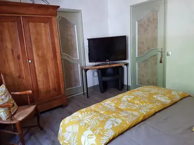 a bedroom with a bed and a tv and a chair at Occit'Homières in Saint-Pons