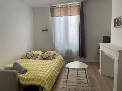 a small bedroom with a bed with a yellow blanket at L'entre Stud' in Castres