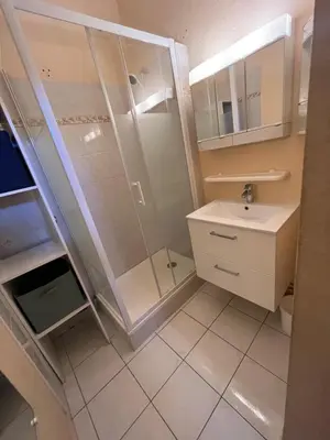 a bathroom with a shower and a sink at Appartement port GRUISSAN in Gruissan
