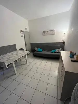 a living room with a couch and a table at Appartement port GRUISSAN in Gruissan