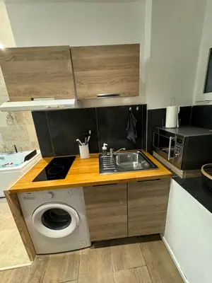 a kitchen with a sink and a washing machine at l'Idylle - Coeur de Bastide - balnéo - Clim in Carcassonne