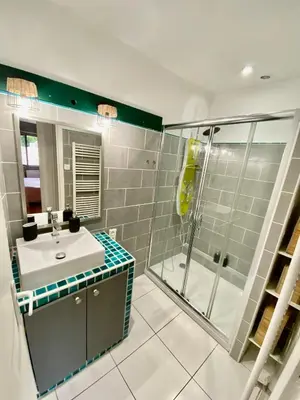 a bathroom with a sink and a shower at Maison de l'Ancienne Porte Neuve in Narbonne