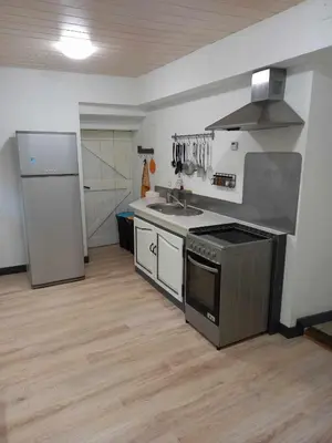 a kitchen with a sink and a stove top oven at La Coumereille in Belcaire