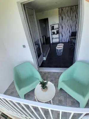 two green chairs and a table in a living room at Studio Balcon Narbonne Centre in Narbonne