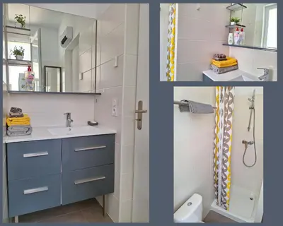 a bathroom with a sink and a shower at Hébergements Narbonne centre - Local vélos et motos in Narbonne