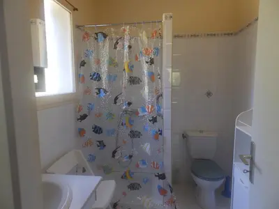 a bathroom with a shower curtain with fishes on it at Studio Tranquille in Castres