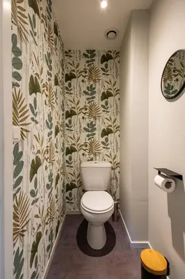 a bathroom with a toilet in a room with wallpaper at Le Canopé - Duplex Confort, Hypercentre, 2 Salles d'eau in Castres