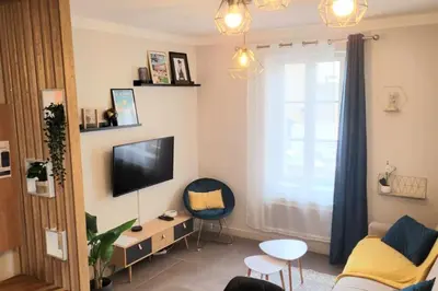 a living room with a couch and a television at Superbe T2 cosy plein centre in Narbonne