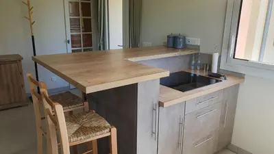 a kitchen with a sink and a counter with two chairs at Le Gîte de Berignac in Antugnac