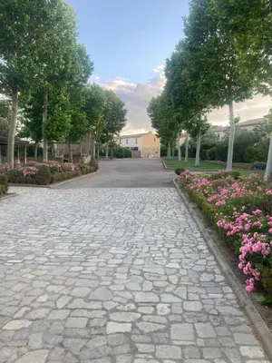 a cobblestone street with pink flowers in a park at Saint laurent de la cabrerisse Rivière proche Lagrasse in Saint-Laurent-de-la-Cabrerisse
