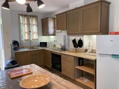 a kitchen with wooden cabinets and a wooden table at Saint laurent de la cabrerisse Rivière proche Lagrasse in Saint-Laurent-de-la-Cabrerisse