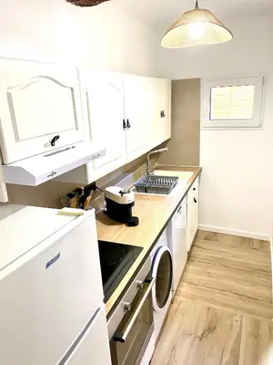 a kitchen with white cabinets and a sink and a dishwasher at La pinéa in Port-la-Nouvelle
